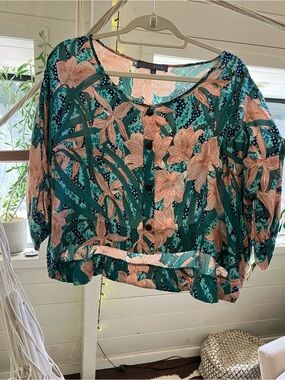 TYSA Teal and Peach Floral Button-Down Blouse